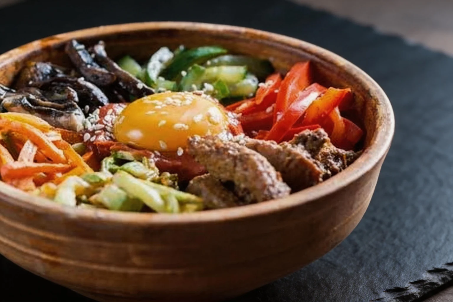 Bibimbap bœuf et légumes dans un bol en bois, fond d'ardoise sombre