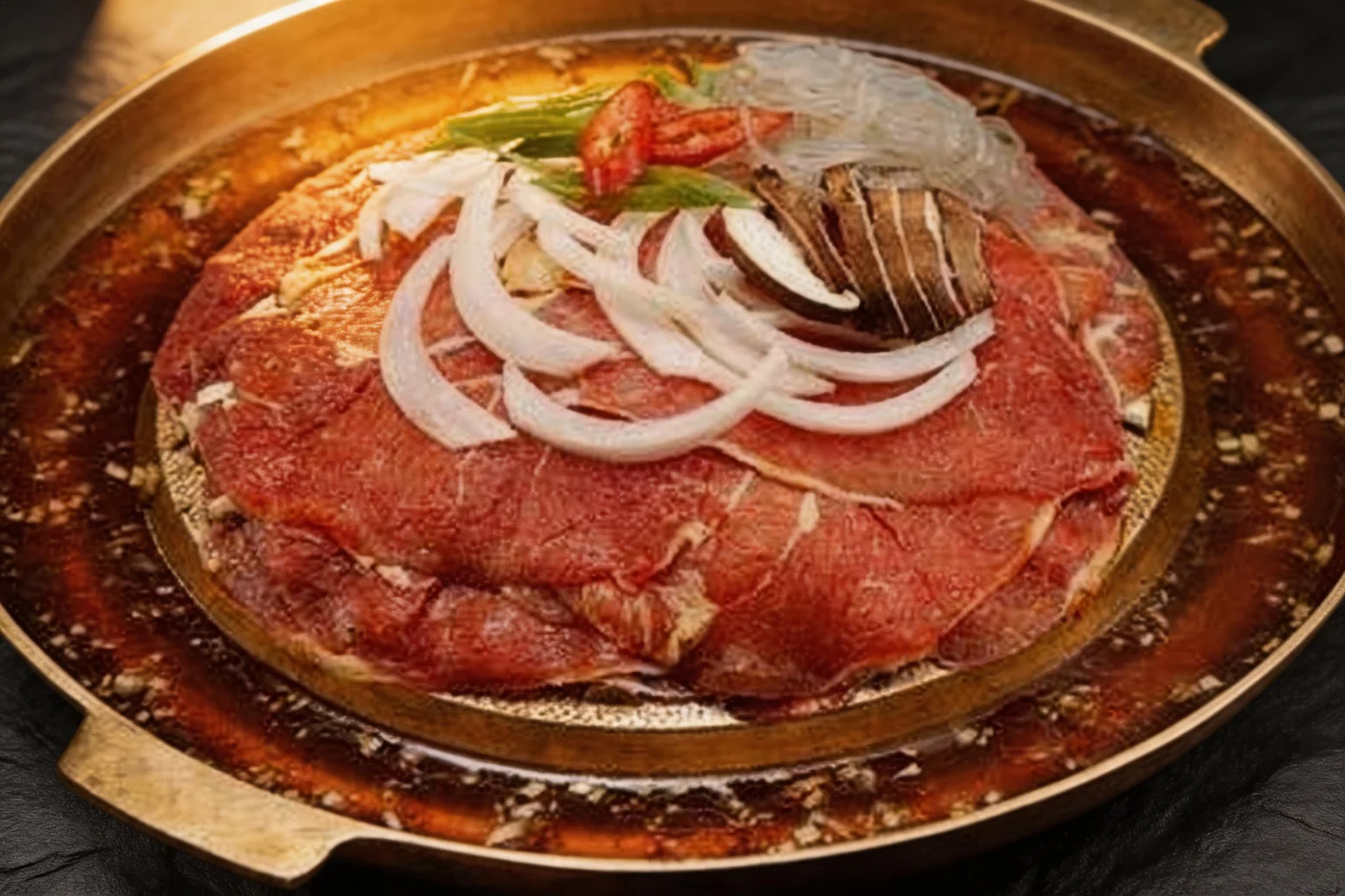 Boeuf bulgogi dans un plat en laiton, fond sombre