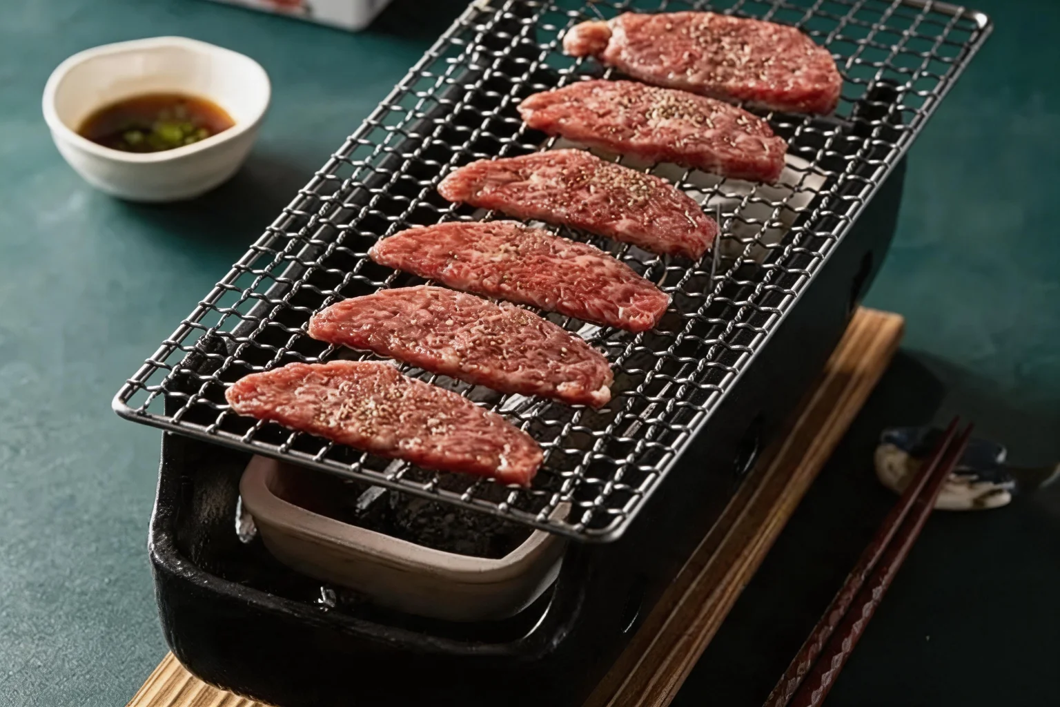 Barbecue : tranches de bœuf sur un gril de table, fond vert sombre